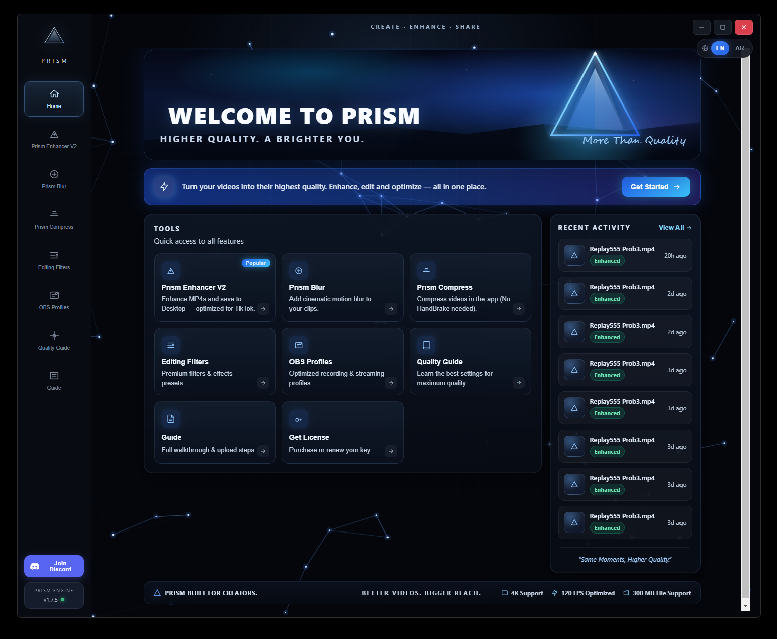 Prism Enhancer desktop application home screen